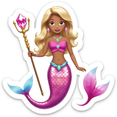 Brown skin blonde hair barbie mermaid with pink diamond tail and wand  sticker