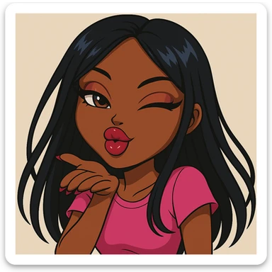 Make her wink while blowing a kiss, headshot only, keep her as a 20-year-old anime Bratz style woman with dark skin, dark hair, bold colorful fashion-forward look, big expressive eyes, glossy lips, and a happy expression. No tears. sticker
