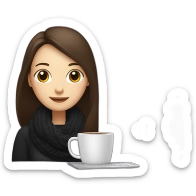 eyes closed smiling woman with pale skin middle dark brown long straight hair with a laptop and a large coffee mug wearing a black woolly shirt and a black woolly scarf sticker