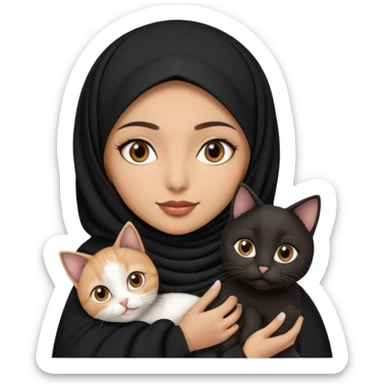 A Arabic woman human with brown eyes and black hijab. , the human is a human, she carry two cat is black and white and the other cath is black and white,,  NO EARS ON THE HUMAN ,  sticker