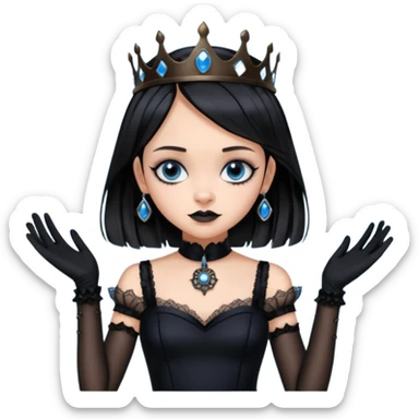 Slim fitting seductively dressed, Holed and worn Lavish black evening gown with see-through wispy black gloves, holding pose witchy Jenna Ortega as student Addams woman wearing a steampunk style mini tiara, very large blue evil-looking horned old evil eyes  sticker