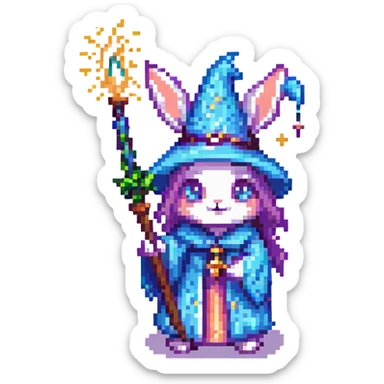 wizard baby bunny casting a spell with sparkles, pixel art style sticker