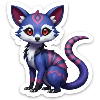 Rare warm-colored exotic gloomy tropical edgy cute epic aesthetic spooky indigo purple white black red gothic colorful Salandit-Furret-Espurr-Meowstic-Civet-species-Fakemon-hybrid-creature, with tribal tattoo markings, full body sticker