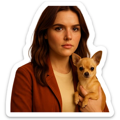 Portrait for Instagram profile inspired by the facial features visible in the reference images, with a tanned complexion, subtle freckles, wearing a shirt colored #FFF8CA and a rust-colored jacket, mid-length brown hair with auburn highlights, a determined and proud expression, holding a beige-brown chihuahua, in the style of a Netflix series, transparent background, intimate Tenerife ambiance. sticker