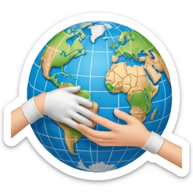 Generate an emoji of two hands shaking in front of a globe. Have the global have a bandage wrapped around it. sticker