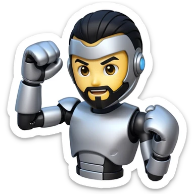 AI robotic fighter emoji, metallic face, punching glove, cyber glow, trimmed beard, medium-length black hair, short sides, hair forward. sticker