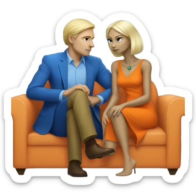 blonde alien reptilian woman in orange dress and humman man in blue, sitting on a couch  sticker