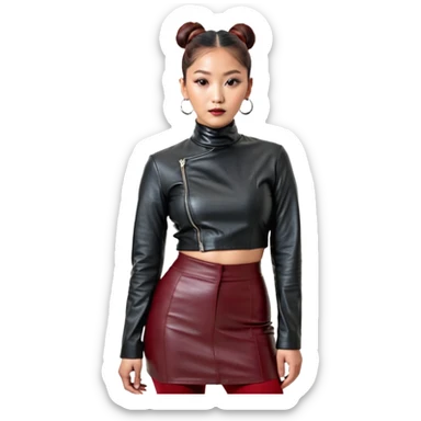 Full-body shot of an East Asian woman with a sleek bun at the nape of the neck, not a high bun. Oversized black leather jacket to the hips, black turtleneck, silver orb necklace. Red leather mini skirt, burgundy tights, red long boots. Fashion-editorial style. sticker