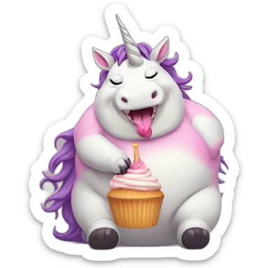 Morbidly obese massive fat unicorn eating a cupcake sticker