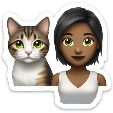 Young black woman brown eyes and black hair with a white and brown tabby cat with green eyes sticker