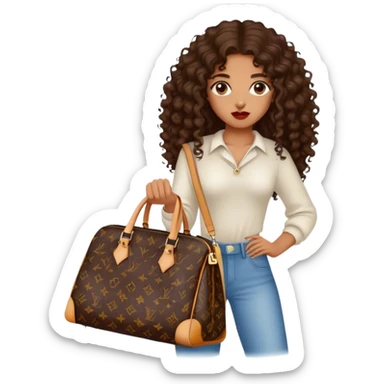 Medium Brown girl with long dark brown long curly hair carrying a Louis Vuitton bag on her arm sticker
