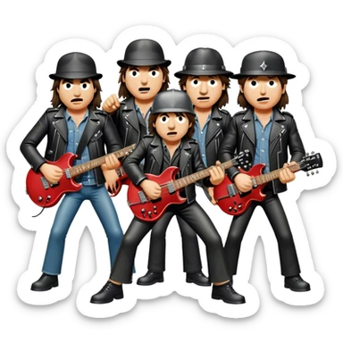 Cinematic Realistic AC/DC Band Emoji, depicted as a high-energy rock ensemble with electrifying stage presence and gritty textures, rendered with bold vibrant lighting that captures the raw power and rebellious spirit of their music. sticker