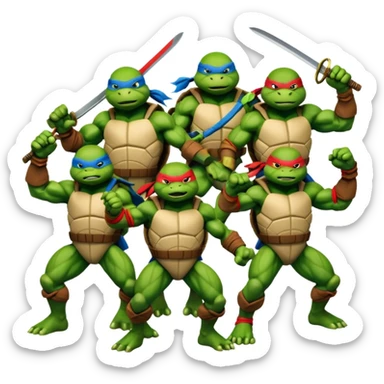 Give me a picture of 4 teenage mutant ninja turtles. Make them hold a fighting pose. sticker