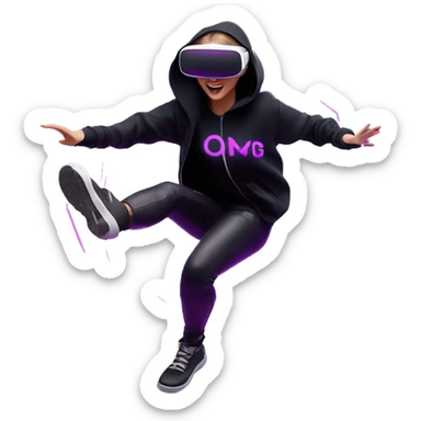 Russian girl wearing black hoody with violet letters "OMG", in vr headset oculus quest2. jumping. Cyberpunk style. Violet neon. sticker