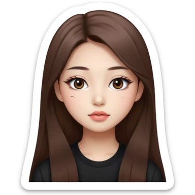 “korean straight long brown hair Emoji girl, soft eyeliner and blush, gradient lips, light brown shimmer eyeshadow sticker