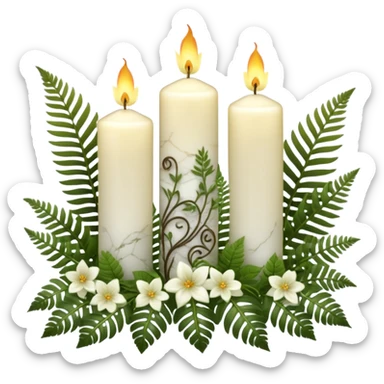 Aesthetic scenic beautiful gorgeous holy divine spiritual pretty elegant sparkly shiny scene of Candles, flowers, marble stone, lush vines, ferns, scenic aesthetic scenery sticker