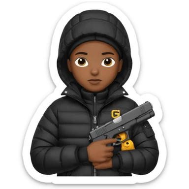 african american wearing a black puffer jacket with the hood on and holding a glock 26 sticker