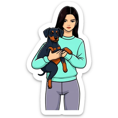Kendall Jenner with long dark hair holds a Doberman Pinscher in her arms sticker