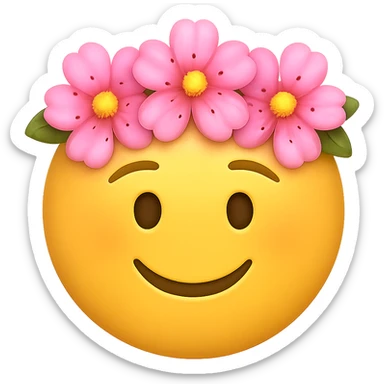 yellow face with pink flower crown emoji, digital illustration, remove background sticker