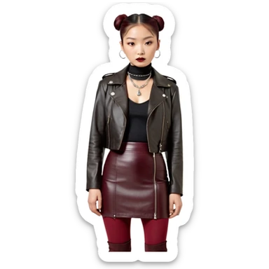 Apple emoji style. Full-body East Asian woman with a single sleek bun below the ears. Oversized hip-length black leather jacket, black turtleneck, silver Vivienne Westwood orb necklace. Low-waist A-line burgundy leather skirt, burgundy tights, red long boots. sticker