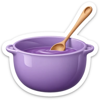 a lilac ceramic mixing bowl with a wooden spoon stirring sticker
