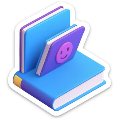 Isometric 3D book emoji, glossy blue and purple cover, rounded corners, floating with soft shadow, cute kawaii expression, bright and vibrant, smooth and minimalist, thick visible pages, transparent background, Icons8 3D inspired, professional and friendly sticker
