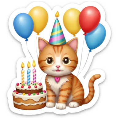 Ginger tabby kitten celebrates birthday, birthday hat, birthday cake, one candle, balloons, happy, gifts sticker