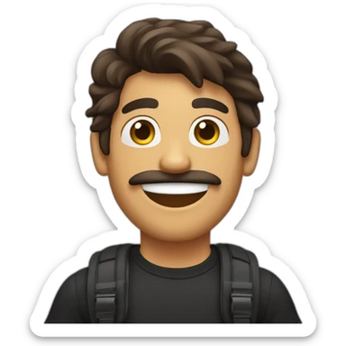 A stereotypical Portuguese young man waving with a big smile, a mustache, a bit of beard on the chin and a brown mullet (shaved on the sides), wearing a black t-shirt and a chest bag sticker