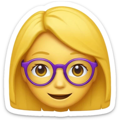 un emojis amarillo, con el cabello corto,lacio y negro, con lentes violeta y una sonrisa sticker
