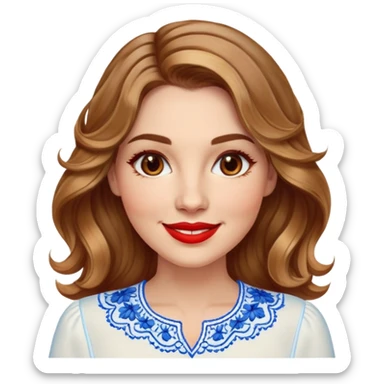 Friendly woman in her late 30s with luminous fair skin, round face, wide smile, large light brown eyes, vibrant red lips, shoulder-length dark blonde wavy hair with highlights, wearing white blouse with blue embroidery and electric blue neckline sticker