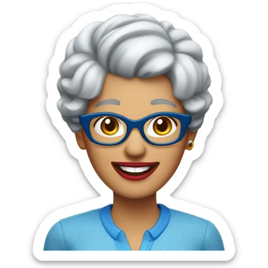 A laughing gray-haired woman in a blue scoop-necked shirt with blue glasses perched on her head. Her lipstick is red sticker