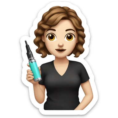 White girl with short brown hair and black eyes holding a vape sticker