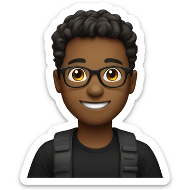 Brown boy with specs wearing black shirt and saying hi sticker