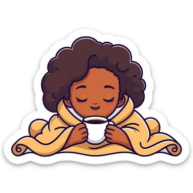  Black girl with curly brunette hair inside a blanket sipping coffee with eyes closed, cozy winter morning sticker