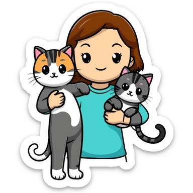 tan brown hair girl holding two black and grey striped cats sticker