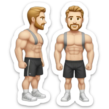 Full height Pale skinned fit man With biceps, Realistic eyes and mouth, light brown hair and stubble In dark gray sleeveless mike, black oversize sports shorts, watch and white sneakers. sticker