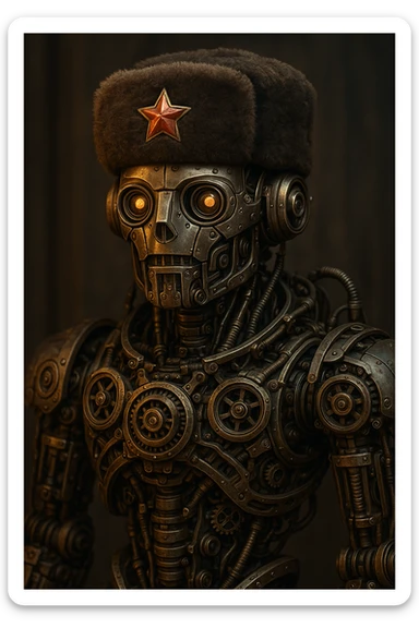 Mateo as a robot wearing a Russian shapka hat, visible gears and metal parts, intricate robotic design sticker
