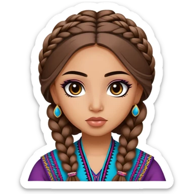 Arab nose, pretty lips, afghan clothes, medium skin,  long brown hair braid, pretty bratz baddie, black eyeliner sticker