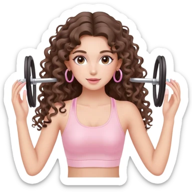 cute balayage brunette long hair curly/wavy haired girl, hoop earrings, clean girl makeup DOING pilates EXERCISE with a cute pastel pink set sticker