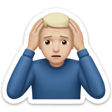 A white man sits at his desk, clutching his head in his hands. sticker