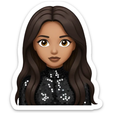 Ciara with long dark brown hair, black sequin outfit sticker