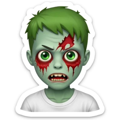 Faça um menino zumbi com a boca meio torta com machucado fo lado da boca camisa branca sticker