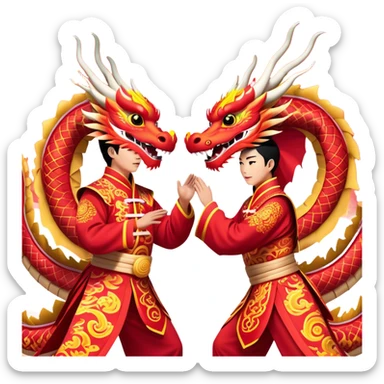Cinematic Realistic scene of two performers guiding an elaborately designed dragon costume during a Dragon Dance, with vivid traditional patterns and dynamic motion, set under festive, red-tinged lighting sticker