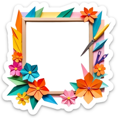 Paper crafting icon, various paper crafts like origami, 3D paper flowers, and scrapbooking materials, visible tools such as scissors, glue stick, and colour paper sheets, colorful paper patterns, minimalistic style, clean lines, transparent background. sticker