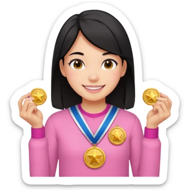 black haired girl wearing pastel pink with medals remove any hats, make her smile sticker