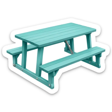 rectangular picnic table with benches, white tips on table and bench ends, straight vertical legs, soft teal color, small wheels, flat wood-style silhouette, clean geometry, minimal shading sticker
