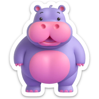 3D emoji style hippo, full body, standing, simple and cute, round features, expressive eyes sticker