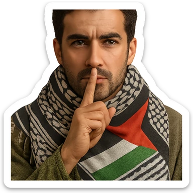 Enhance the design by adding a more prominent Palestinian flag detail to the kufiya scarf and overall design, keeping the person making the 'shh' gesture as the focus. Remove the background to isolate the subject. The style should maintain the original look and feel of the image. sticker