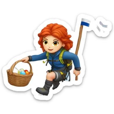 Female winter mountain climber red hair climbing with Greek and EU flags and Easter eggs basket sticker