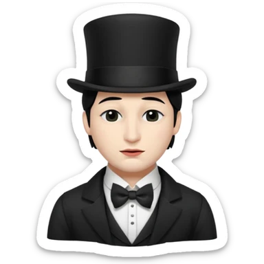 A man with snow white skin, a black half mask with an eye hole, a black top hat, a black vest with a black tie tucked underneath, and a white collared shirt. Closed eyes. sticker